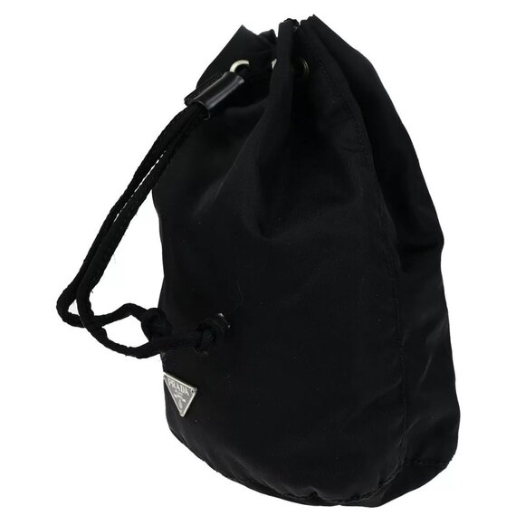 PRADA Logo Tessuto Mini Drawstring Pouch Nylon Leather Black SHW Italy - Picture 4 of 15